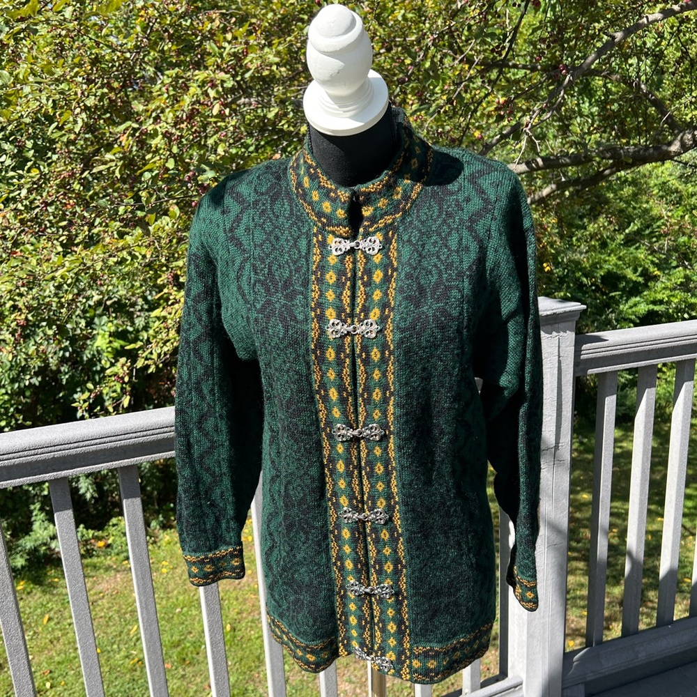 Windfjord Norway 100% Wool Green & Yellow Cardigan Jacket